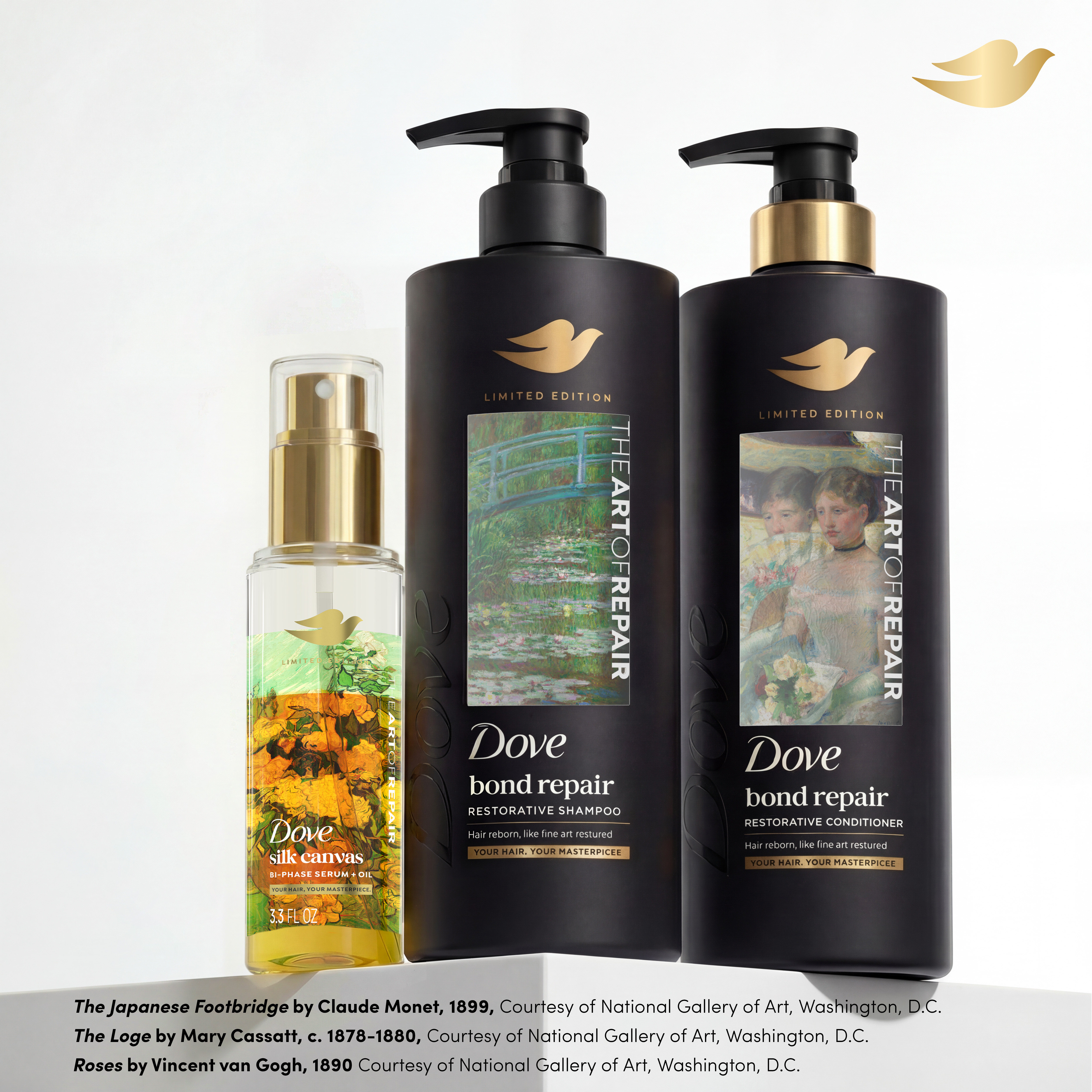 Dove&rsquo;s limited-edition Art of Repair collection features black, 100% PCR bottles designed as a gallery-like backdrop for iconic artworks, alongside a serum that showcases imagery through a reverse-label design.