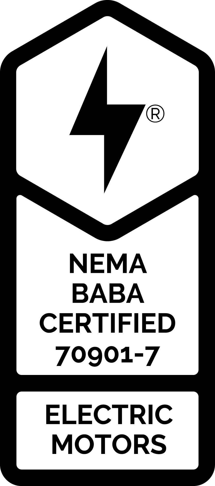 NEMA BABA Certified 70901-7 Electric Motors certification badge with lightning bolt symbol