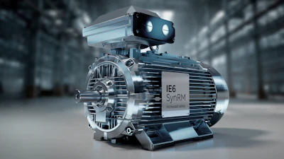 IE6 SynRM industrial electric motor with dual cooling fans in factory setting
