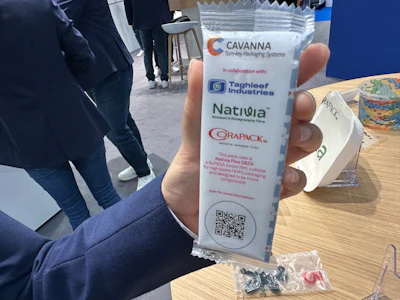 As seen elsewhere in the Taghleef booth - A high-speed flow-wrap package produced with Taghleef Industries’ Nativia Plus D823 biaxially oriented PHA film was displayed at interpack 2026 in collaboration with Cavanna Packaging Systems and Corapack. The home-compostable structure was designed for high-speed HFFS packaging applications. Brands like Mars and PepsiCo are putting these new films through their paces.