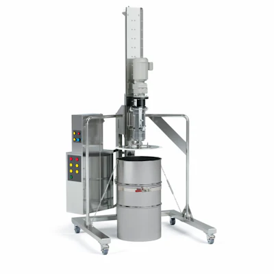 Industrial vertical mixer with control panel and stainless steel mixing vessel on wheeled base