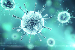 A 3D rendering of a virus molecule