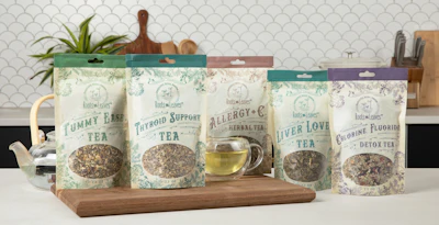 Roots & Leaves’ herbal tea line uses compostable, plant-based pouches with botanical graphics and color coding to communicate product function while reducing reliance on petroleum-based plastics.