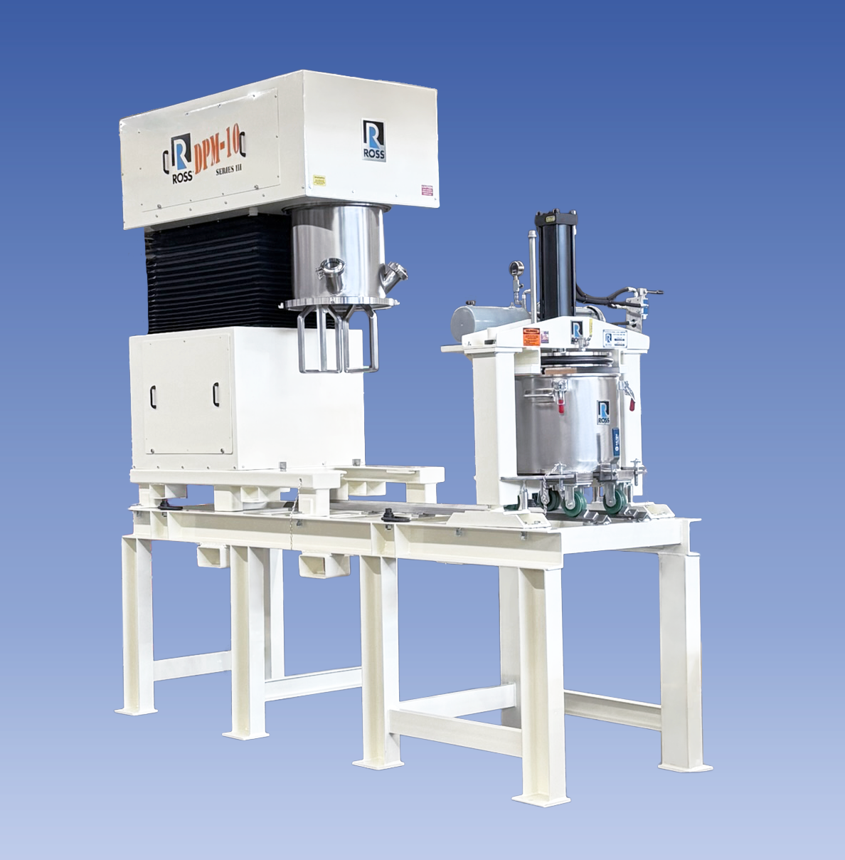 Industrial mixing equipment with dual tanks mounted on white support frame against blue background