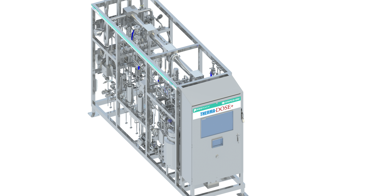 Industrial dosing machine with gray frame, control panel, and internal mechanical components