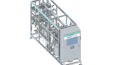 Industrial dosing machine with gray frame, control panel, and internal mechanical components