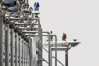 Industrial piping system with stainless steel tubes, pressure gauge, blue valve, and mechanical components against white background