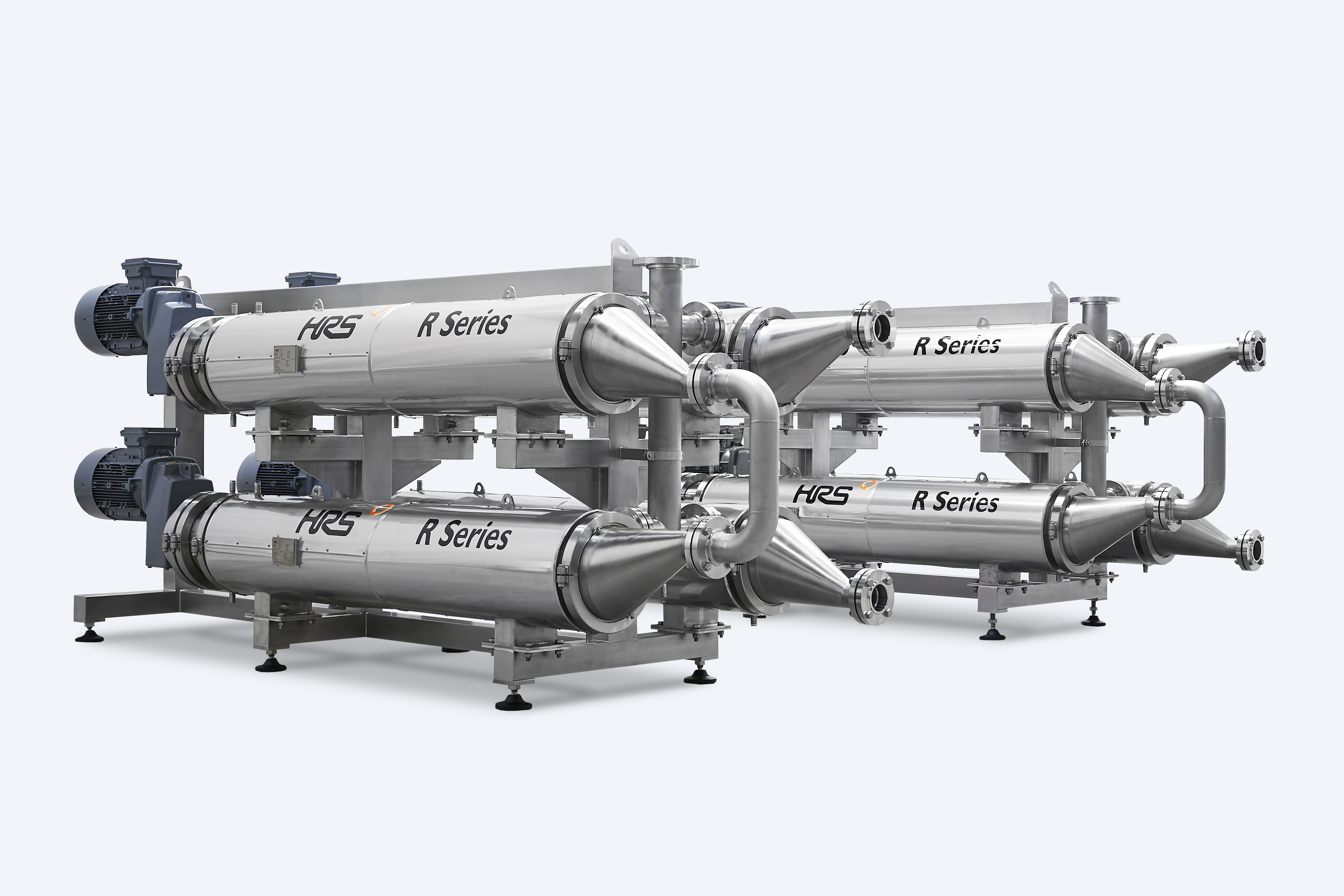 HCS R Series industrial heat exchanger system with dual cylindrical tubes and electric motors