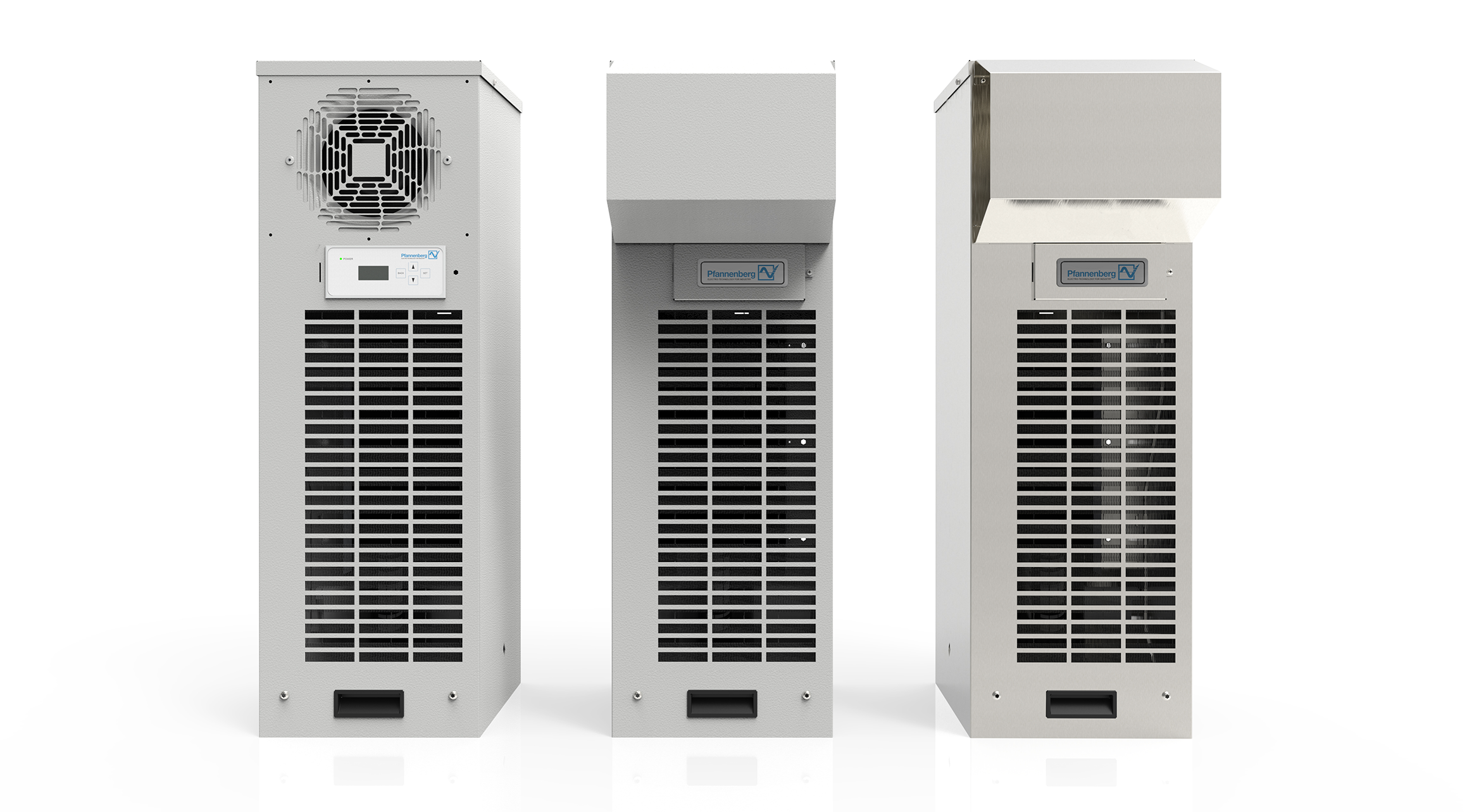 Three white industrial cooling units with ventilation grilles and control panels displayed side by side