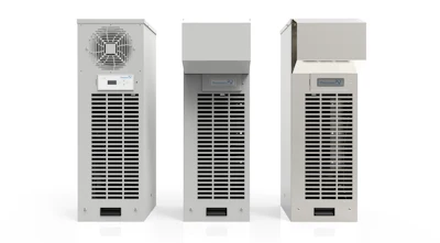 Three white industrial cooling units with ventilation grilles and control panels displayed side by side