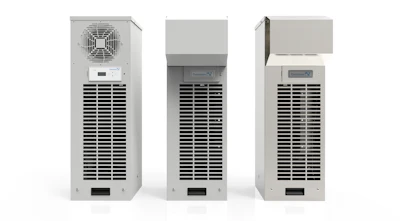 Three white industrial cooling units with ventilation grilles and control panels displayed side by side