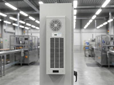 Industrial cooling unit mounted on white wall in manufacturing facility with machinery visible in background