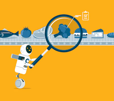 Robot using magnifying glass to inspect items on conveyor belt with quality control checklist icon