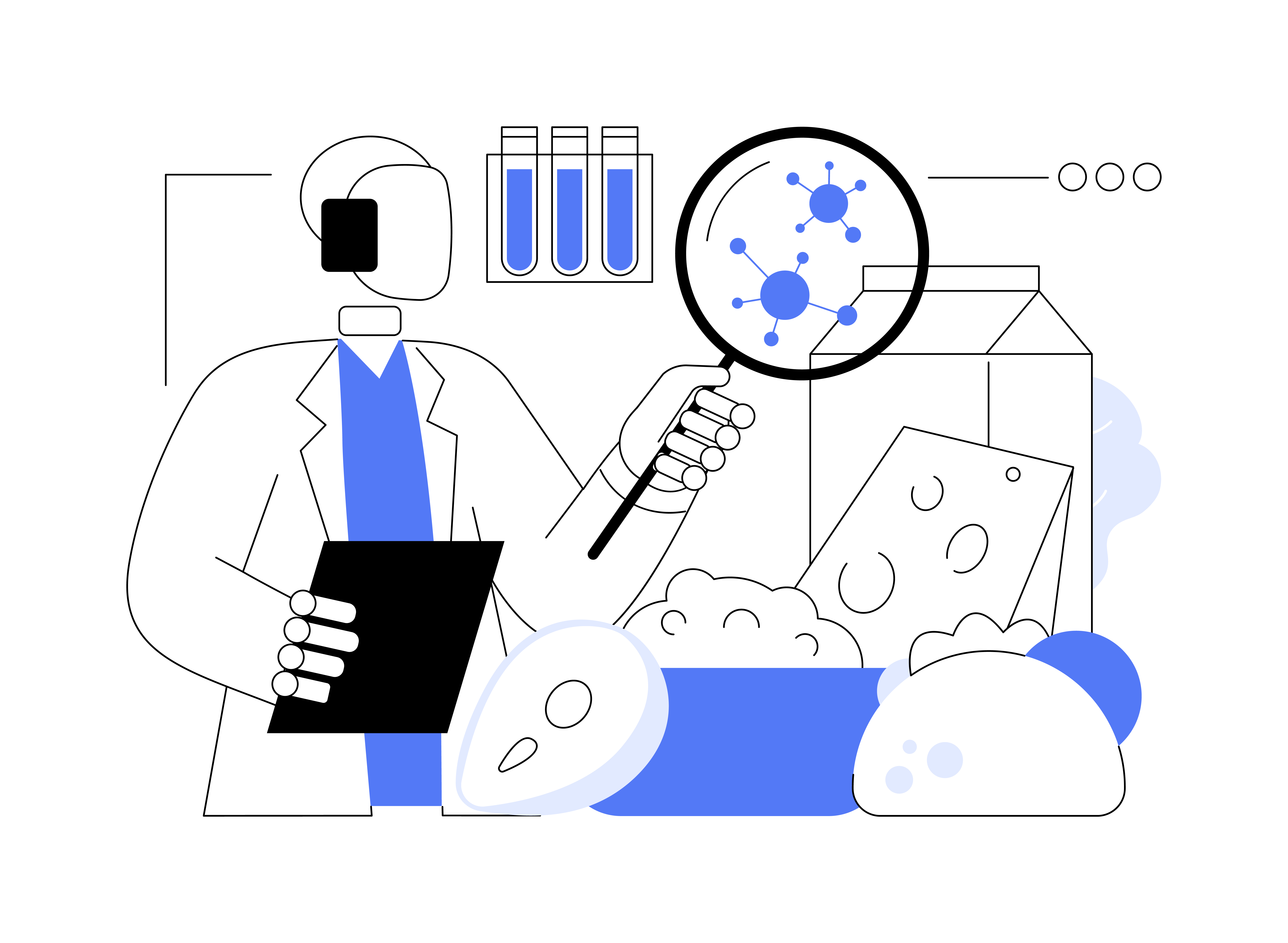 Scientist examining molecular structure with magnifying glass in laboratory setting with test tubes and equipment