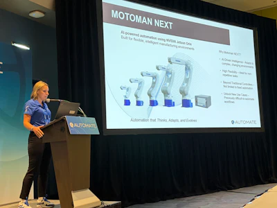 Yaskawa America product manager Sarah Andrzejewski walks through Motoman NEXT, the company's physical AI platform built around an embedded NVIDIA Jetson Orin, during her Automate 2026 session.