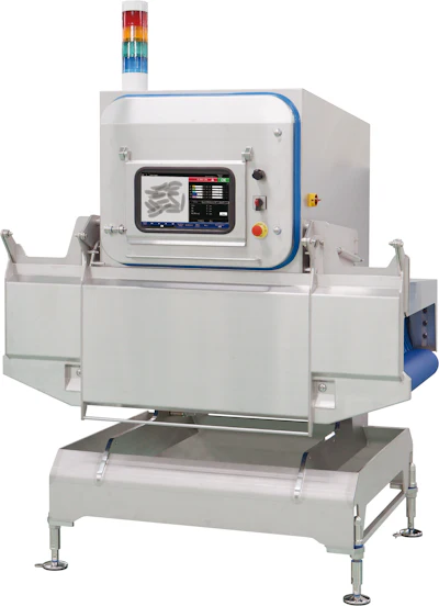 Industrial X-ray inspection machine with digital display and multi-colored status indicator tower