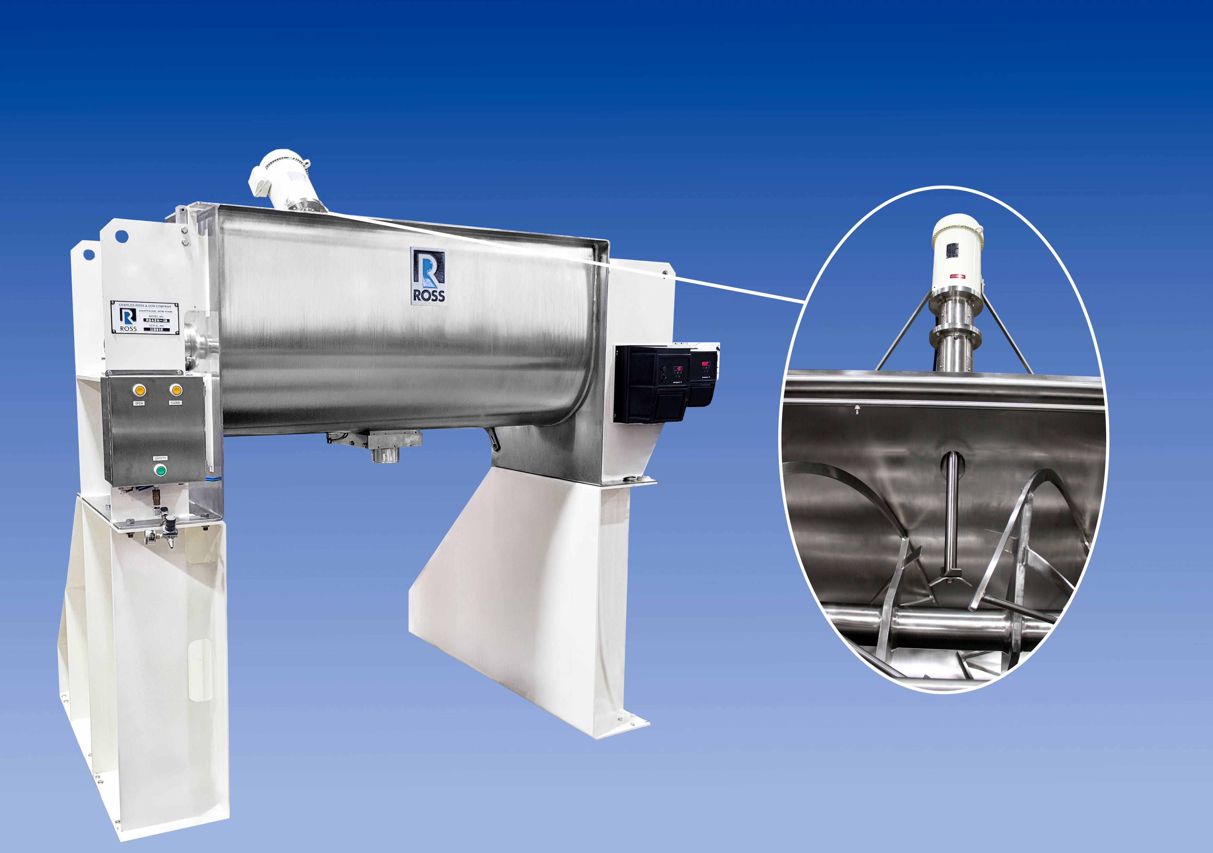ROSS industrial ribbon blender mixer with stainless steel drum and internal paddle mechanism on white base