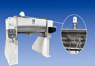 ROSS industrial ribbon blender mixer with stainless steel drum and internal paddle mechanism on white base