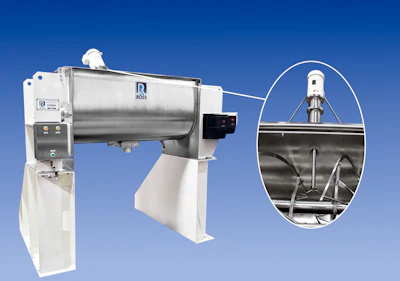 ROSS industrial ribbon blender mixer with stainless steel drum and internal paddle mechanism on white base