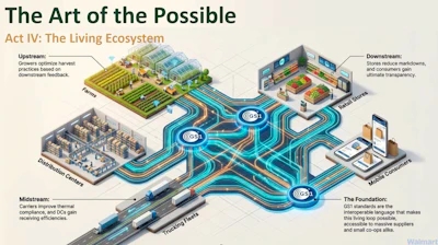 Bonin's 'living ecosystem': growers tune harvest practices to downstream feedback, carriers and DCs gain thermal-compliance and receiving efficiencies, stores cut markdowns, and consumers get transparency, with GS1 standards as the interoperable language connecting every node. Slide courtesy of Walmart.