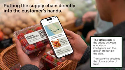 A shopper scans a clamshell of Salinas Valley strawberries and sees where and when it was harvested, a suggested storage temperature, and a pairing idea. In Bonin's framing, the 2D barcode is where the supply chain's operational intelligence finally reaches the person in the aisle.