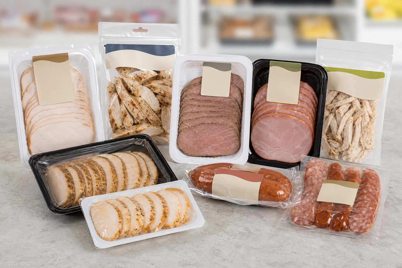 Assorted deli meats and prepared foods in clear retail packaging, including sliced turkey, sausage, salami, and other processed meat products displayed on a marble surface.