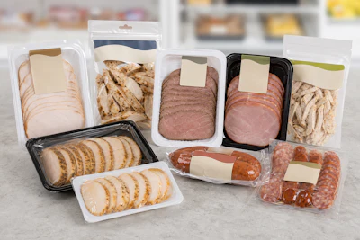 Assorted deli meats and prepared foods in clear retail packaging, including sliced turkey, sausage, salami, and other processed meat products displayed on a marble surface.
