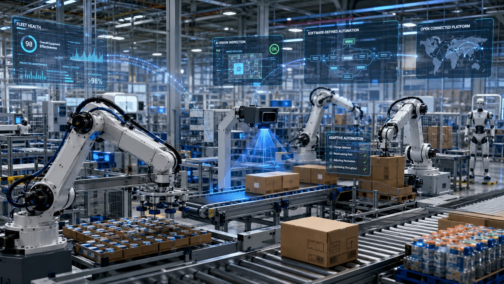 A conceptual view of a connected automation environment shows how AI vision, software-defined automation, fleet monitoring, and robotics could work together as suppliers push toward systems that are easier to deploy, adapt, and support over time.