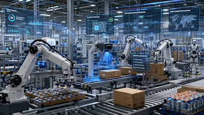 A conceptual view of a connected automation environment shows how AI vision, software-defined automation, fleet monitoring, and robotics could work together as suppliers push toward systems that are easier to deploy, adapt, and support over time.