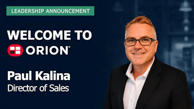 Leadership announcement welcoming Paul Kalina as Director of Sales at Orion, featuring professional headshot against cityscape background