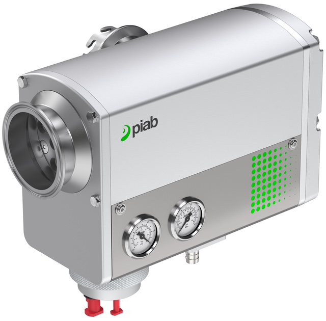 Piab white industrial vacuum pump with green ventilation panel and dual pressure gauges