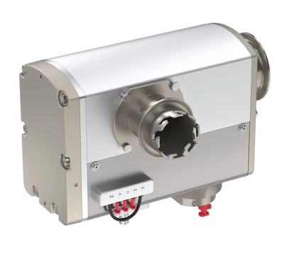 Stainless steel gear pump with silver housing and red valve indicator