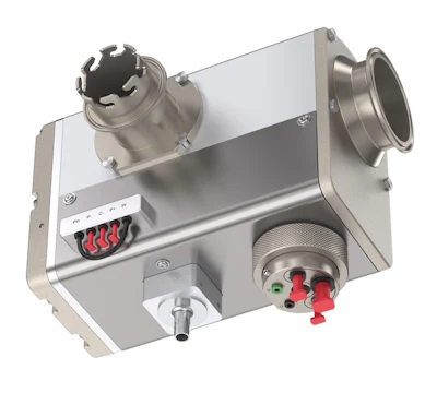 Industrial water heater or boiler unit with stainless steel housing, control panel with red switches, and dual outlet ports