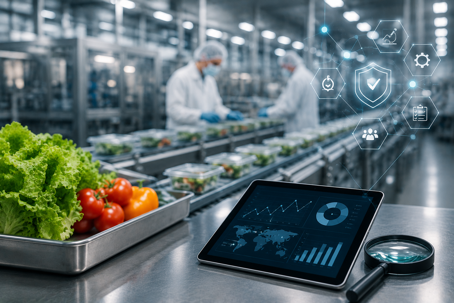 Food processing facility with workers, fresh vegetables, tablet showing analytics, and technology security icons