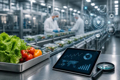 Food processing facility with workers, fresh vegetables, tablet showing analytics, and technology security icons