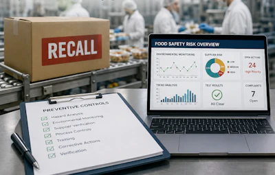 Food safety recall and quality control monitoring in manufacturing facility with preventive controls checklist and risk assessment dashboard