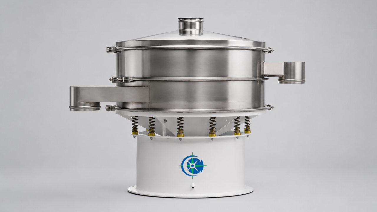 Industrial vibratory sifter machine with stainless steel screening chambers and white base unit