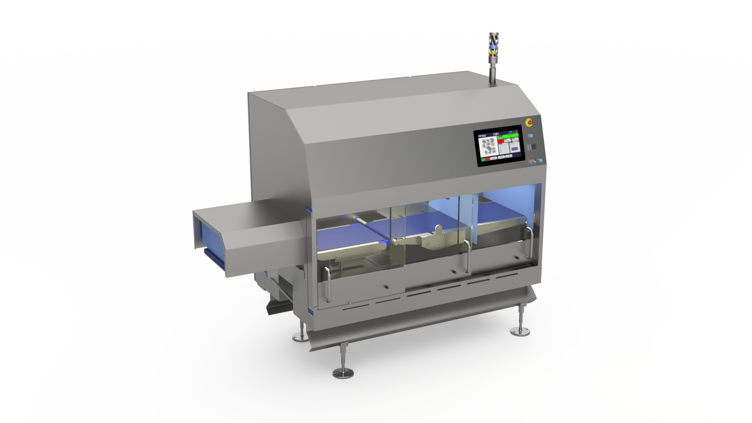Industrial laboratory analyzer machine with gray housing, blue interior compartments, digital control panel, and metal legs