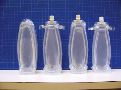 Early development prototypes show the AeroFlexx air frame, in which pressurized chambers create rigidity in selected areas of the package while other areas remain flexible enough to squeeze.