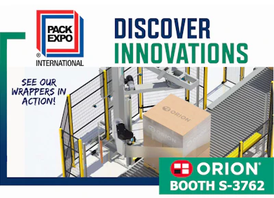 Pack Expo International and Orion booth S-3762 advertisement showcasing automated packaging wrapper equipment at trade show