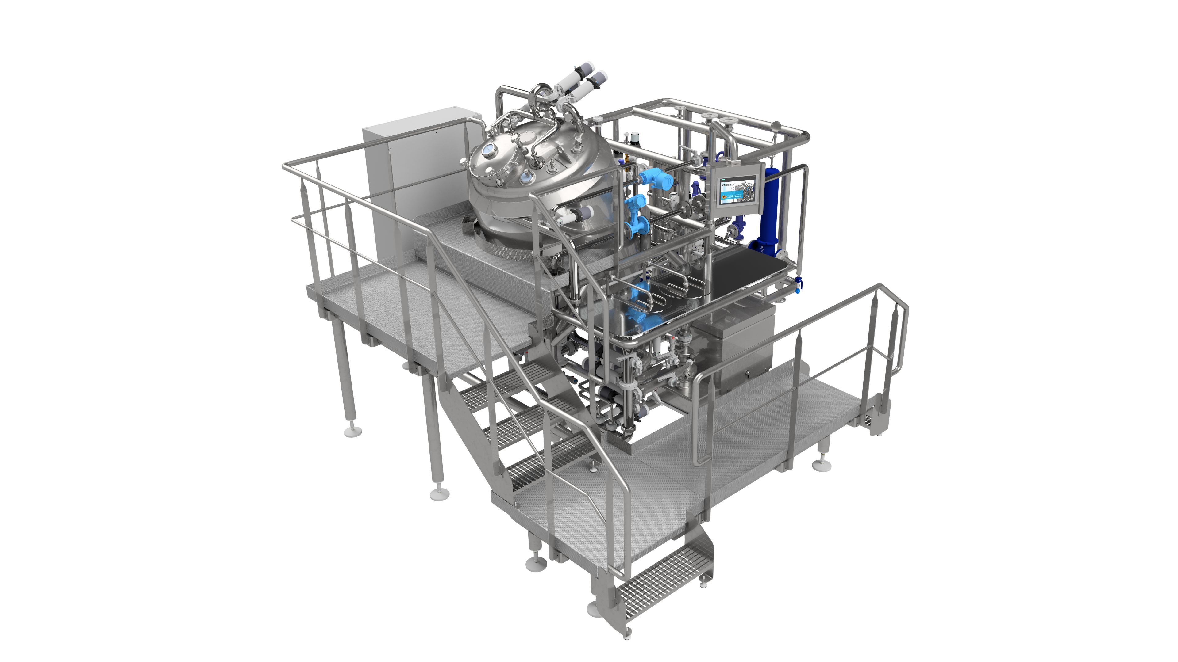 Industrial processing equipment with stainless steel tanks, piping systems, and control panels mounted on metal framework