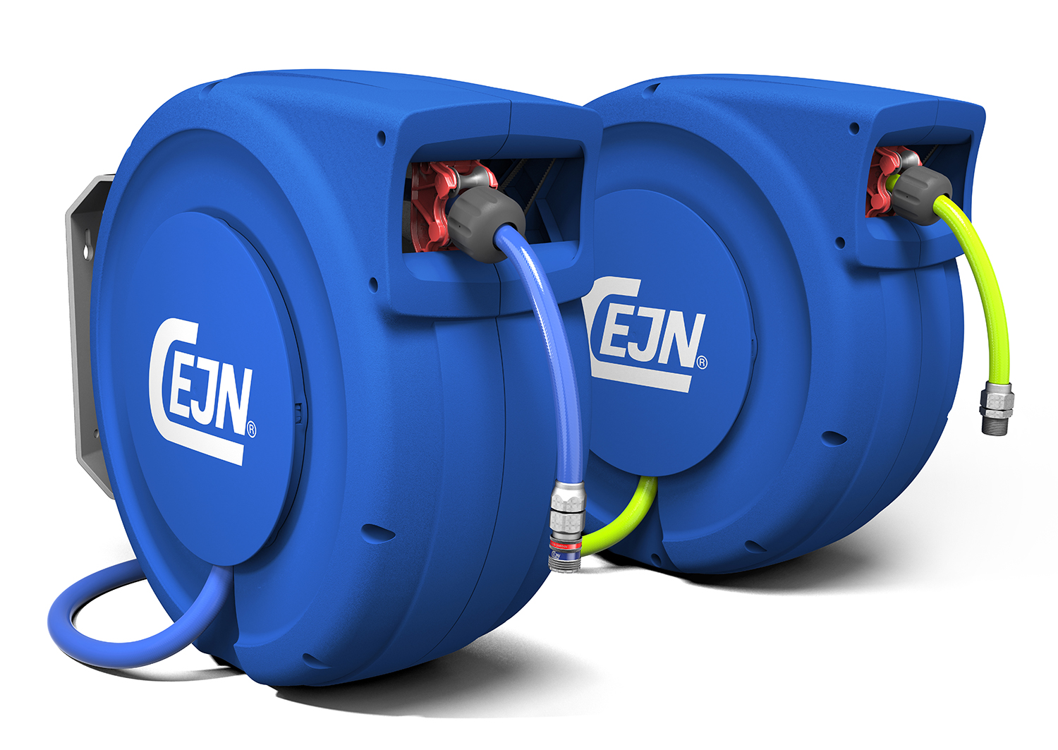 Blue EJN dual hose reel system with neon yellow-green hoses and red connectors