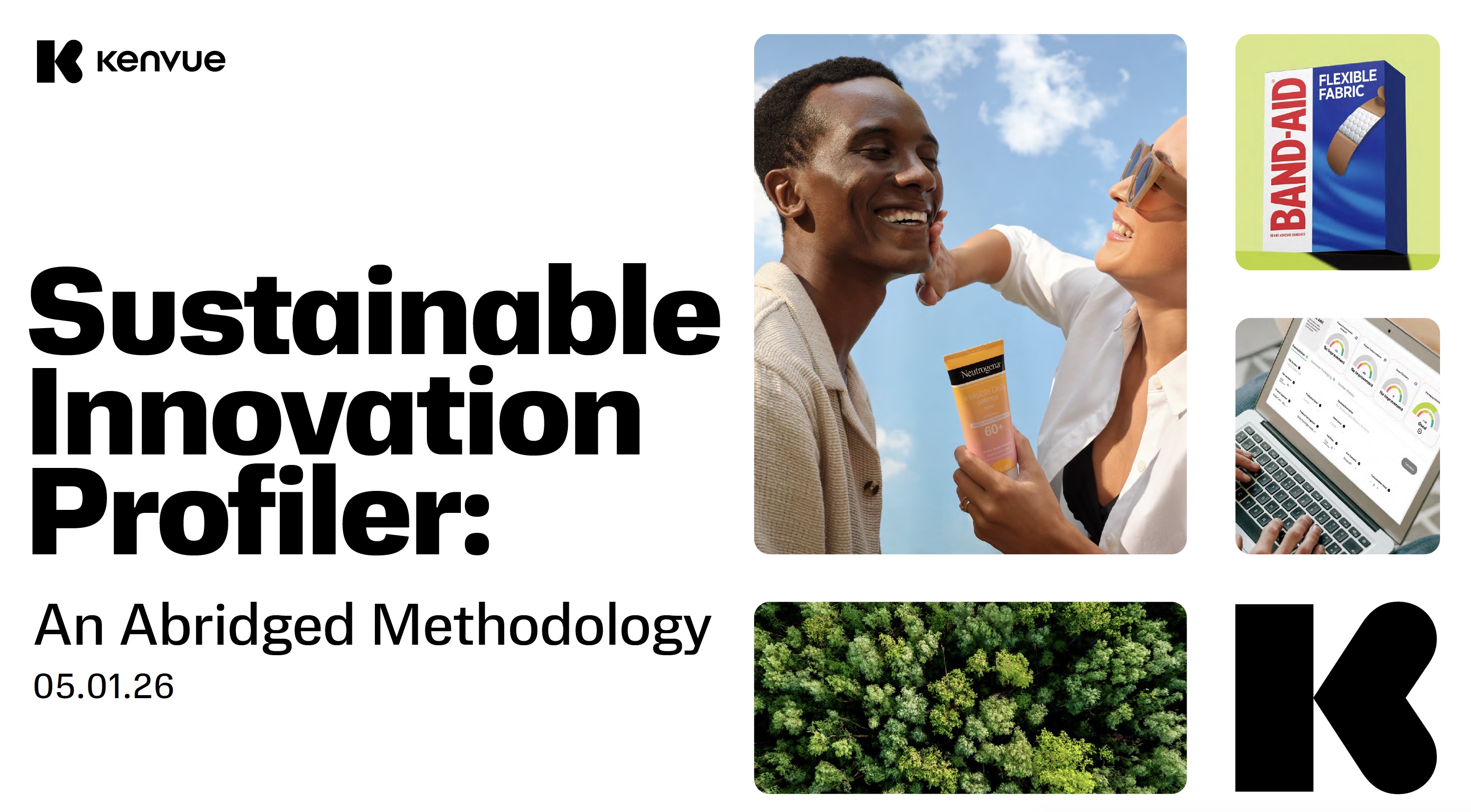 Kenvue sustainable innovation profiler methodology guide with product images and forest landscape