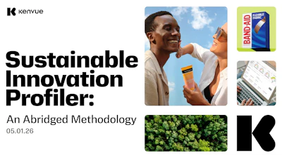 Kenvue sustainable innovation profiler methodology guide with product images and forest landscape