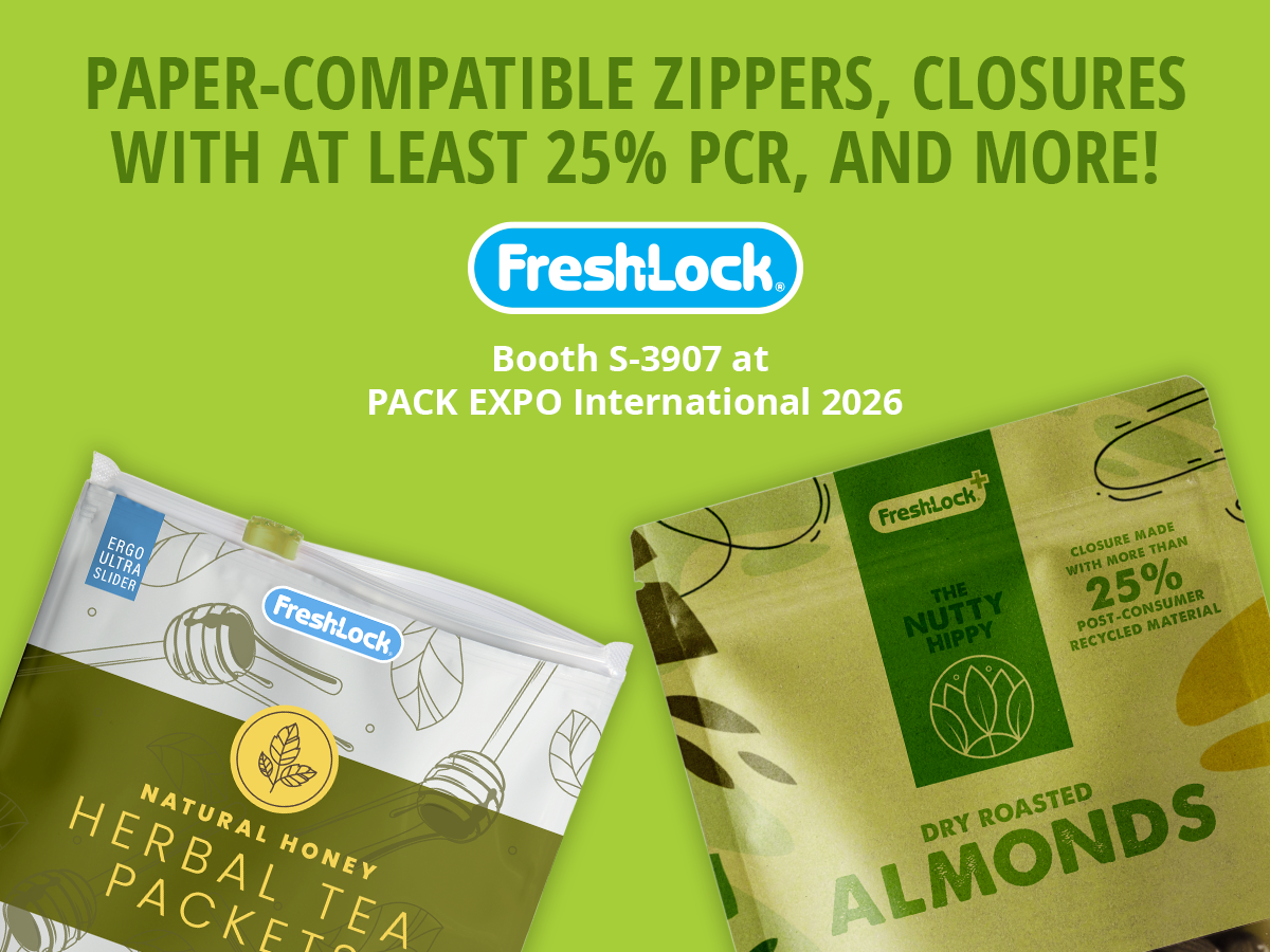 FreshLock paper-compatible zippers and closures with 25% PCR packaging displayed at PACK EXPO International 2026 Booth S-3907