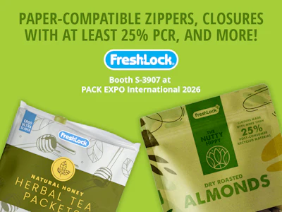 FreshLock paper-compatible zippers and closures with 25% PCR packaging displayed at PACK EXPO International 2026 Booth S-3907