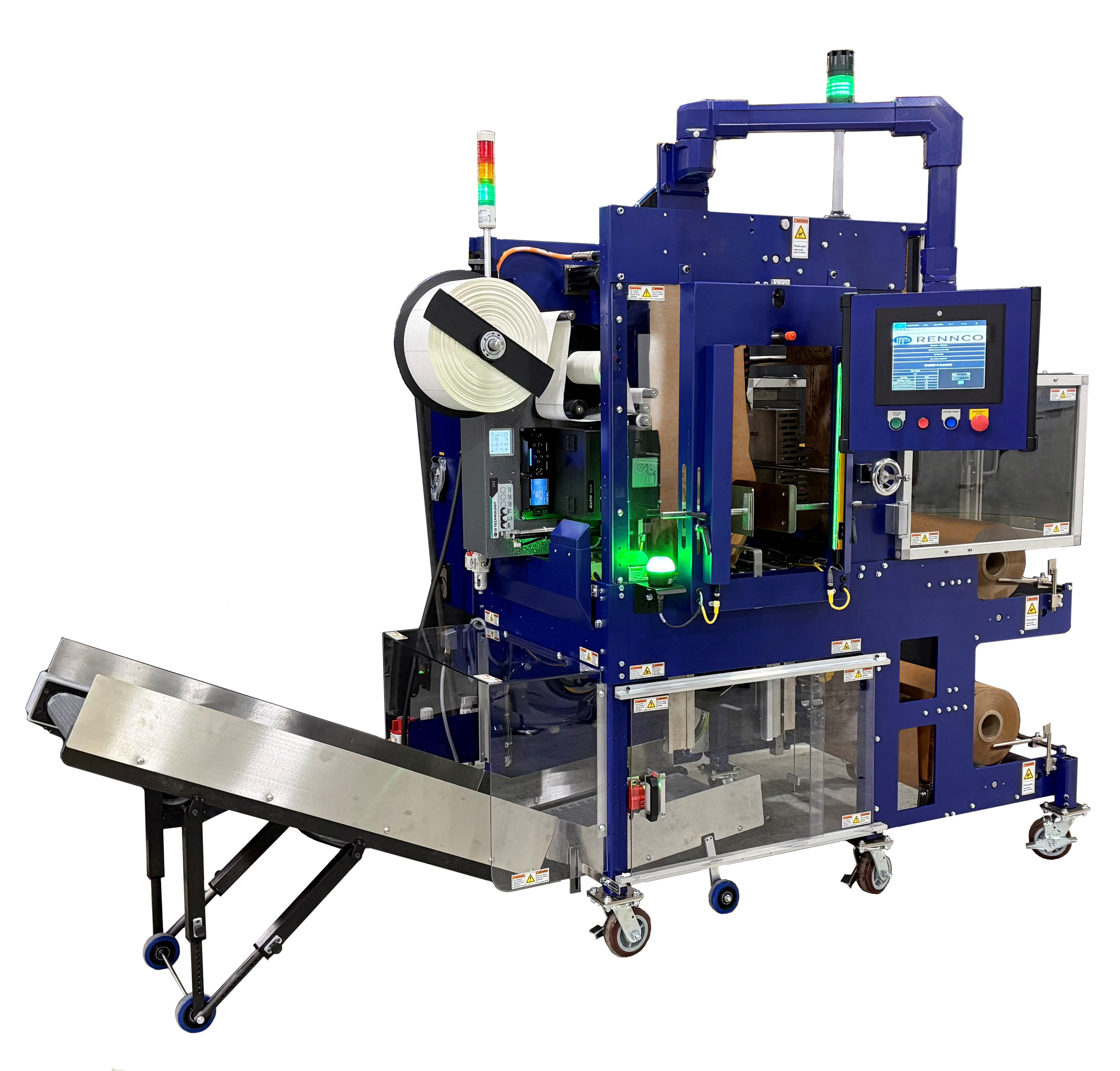 Industrial automated packaging machine with blue frame, control panel, and material spool system