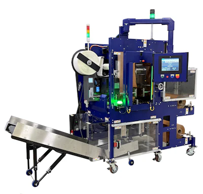 Industrial automated packaging machine with blue frame, control panel, and material spool system