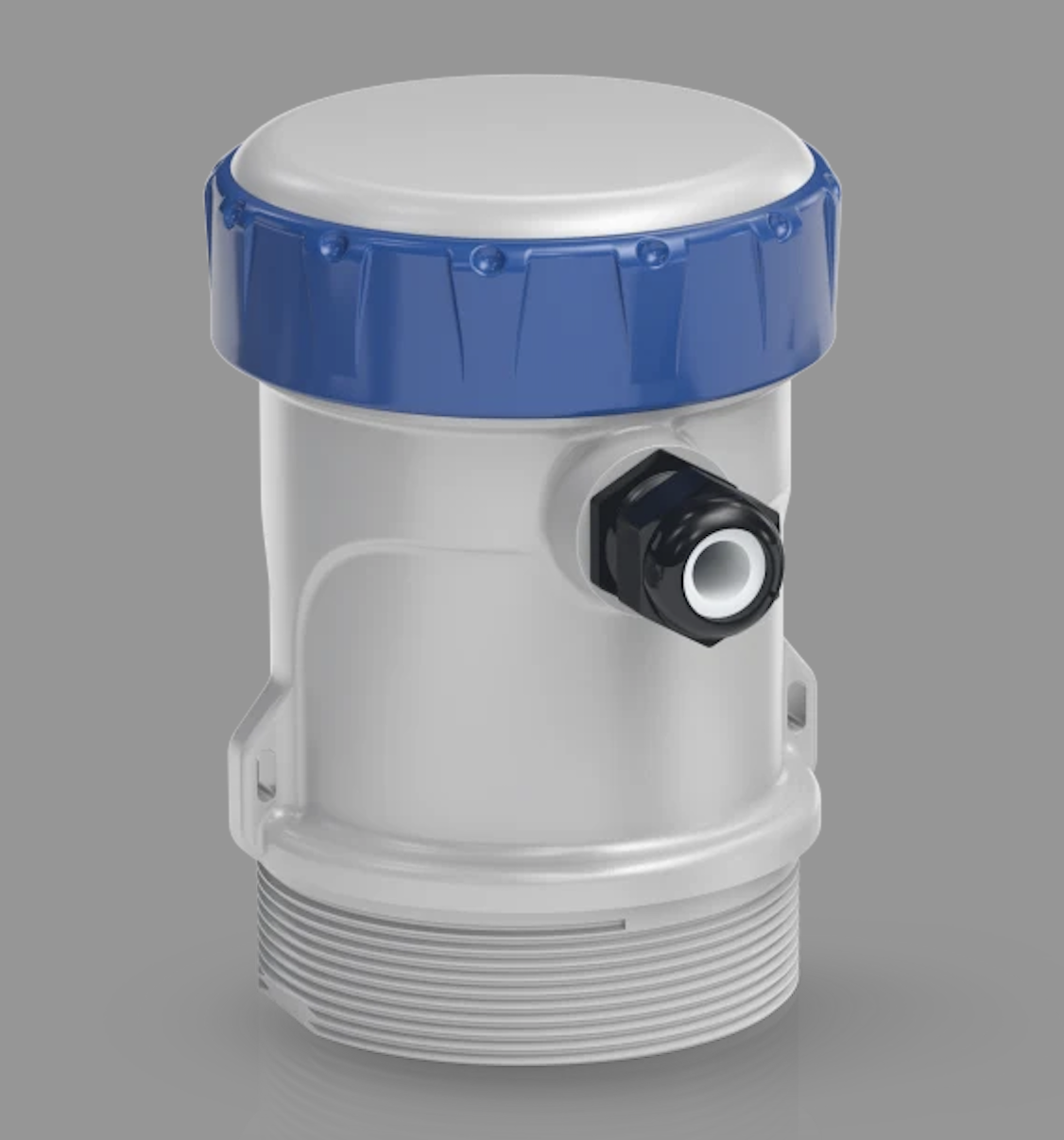White cylindrical water filter cartridge with blue top cap and black valve connector