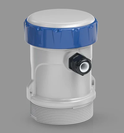 White cylindrical water filter cartridge with blue top cap and black valve connector